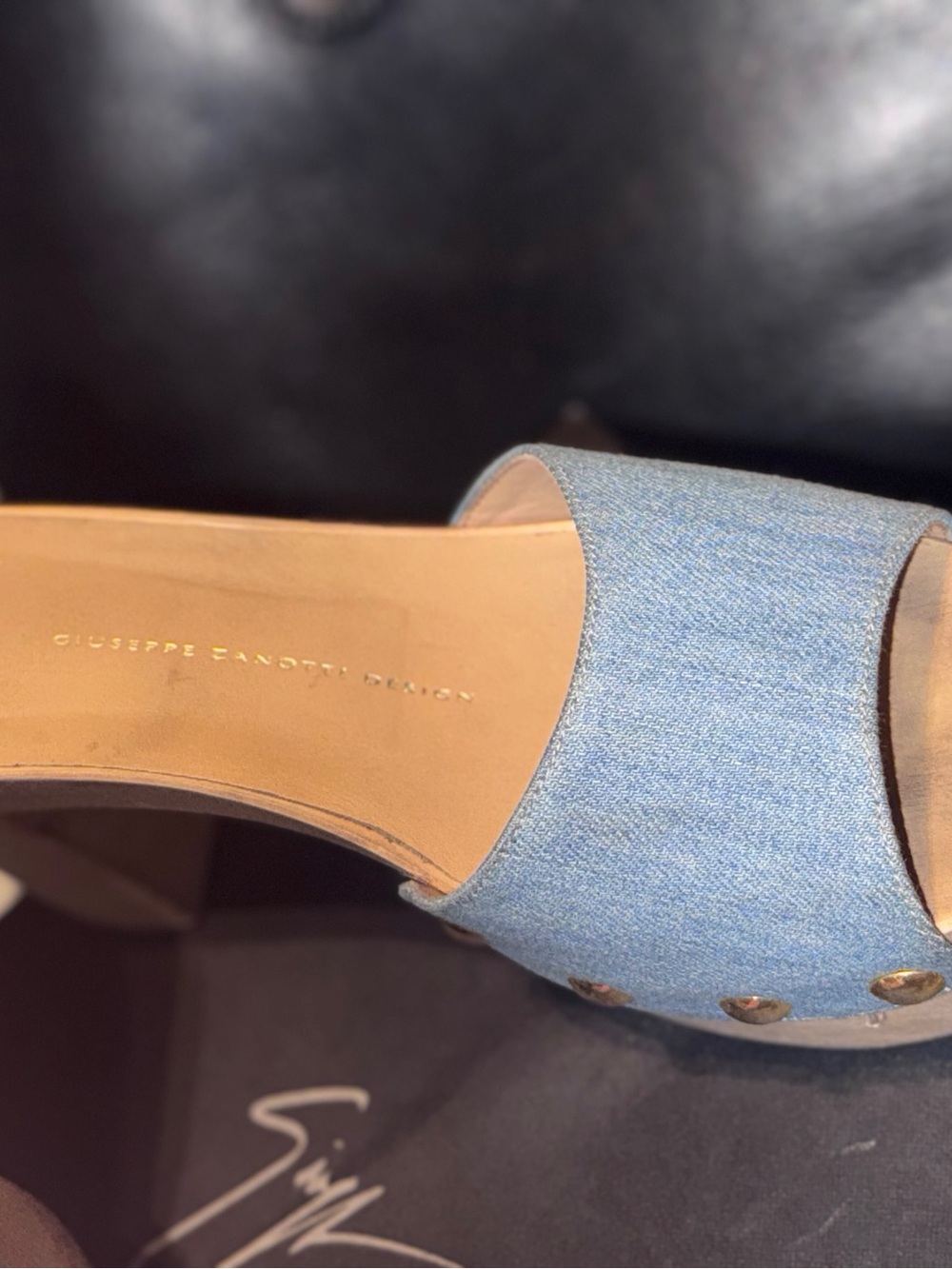 Giuseppe Zanotti Light Blue Denim Studded Wood-Heel Mules chipped by the front - Picture 3 of 4